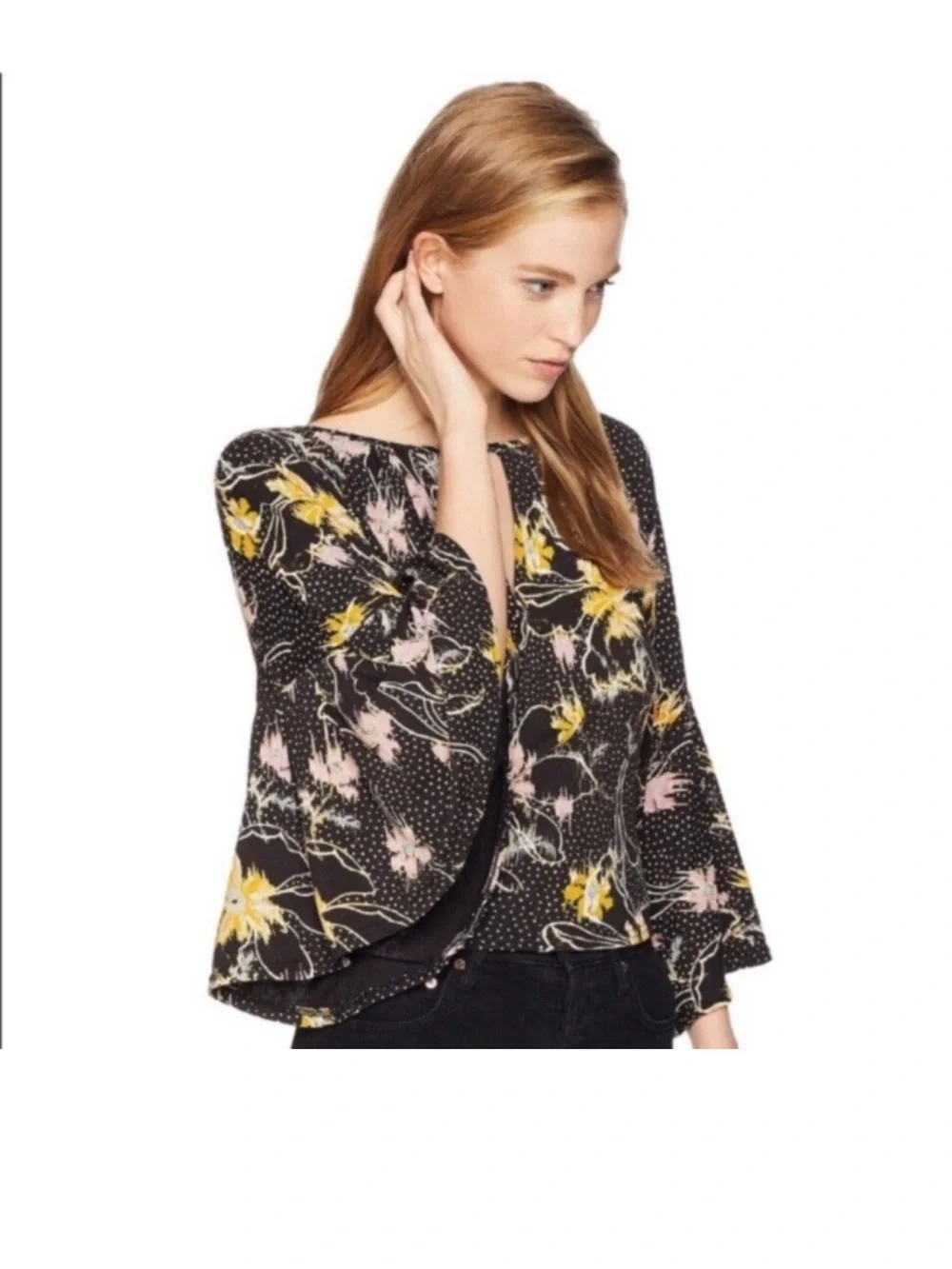 Free People Black Floral Keyhole Bell Sleeve Top with Pink & Yellow Accents
